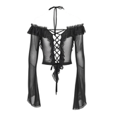 Gothic One Shoulder Halter Neck Strappy Long Sleeve Top