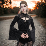 Gothic Lace Velvet Stitching Small Stand Collar Flare Long Sleve