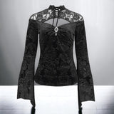 Gothic Lace Velvet Stitching Small Stand Collar Flare Long Sleve