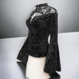 Gothic Lace Velvet Stitching Small Stand Collar Flare Long Sleve