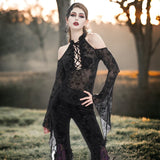 Gothic Off-Shoulder Strappy Flocked Flare Long Sleeve