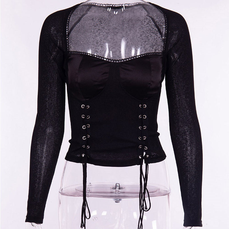 Neck Plain Mesh Female Punk Tops