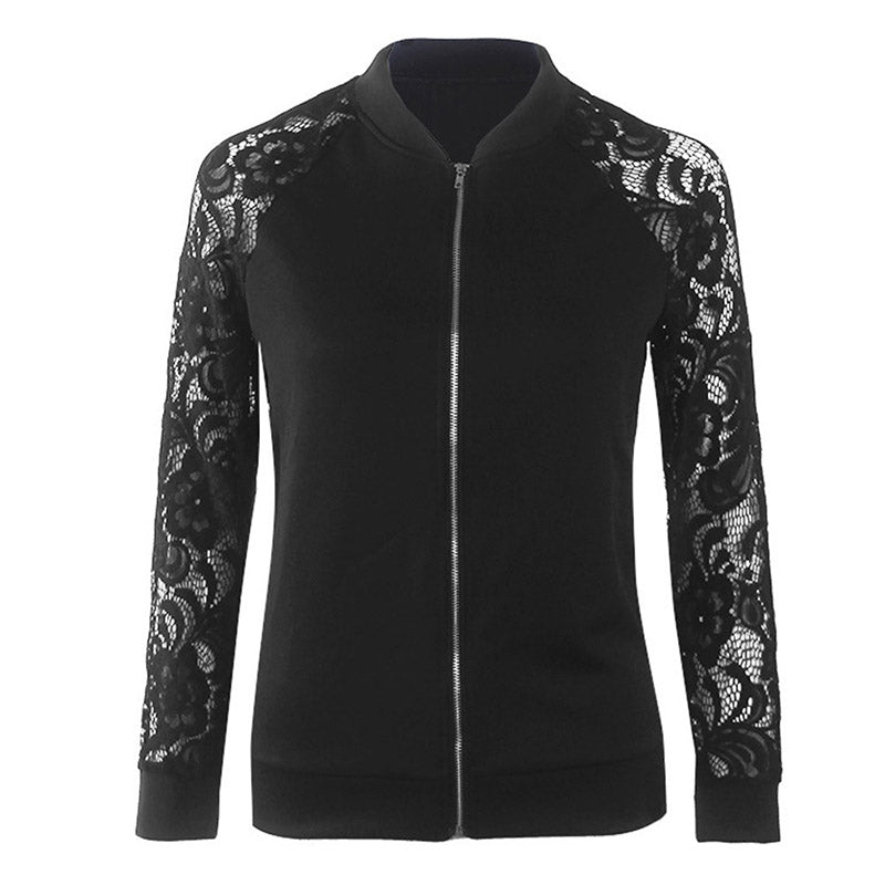Women Zipper Patchwork Lace Jackets
