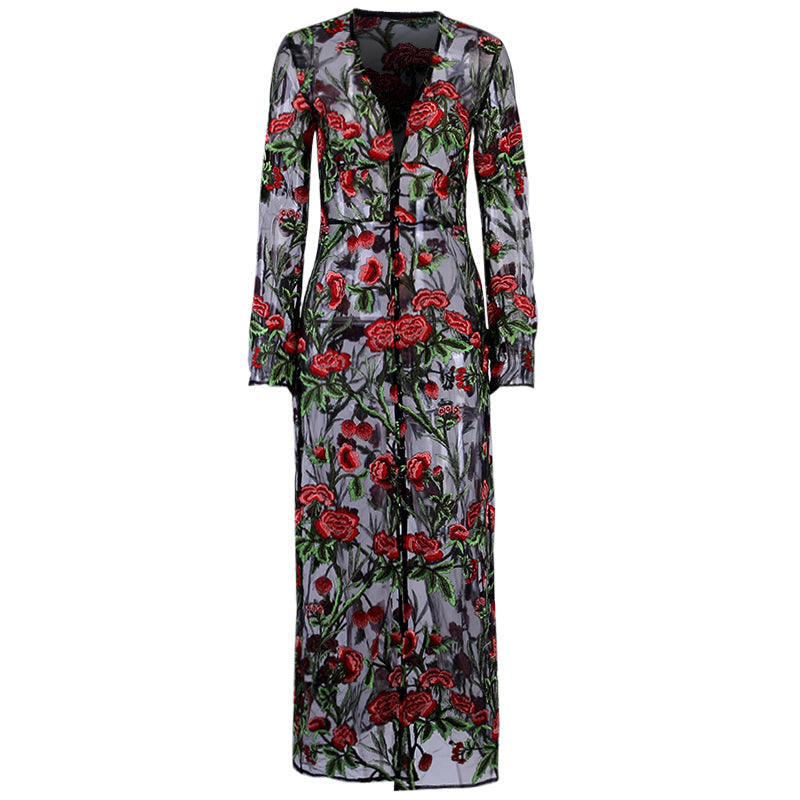 Sexy Rose Embroidery Maxi Mesh Dress