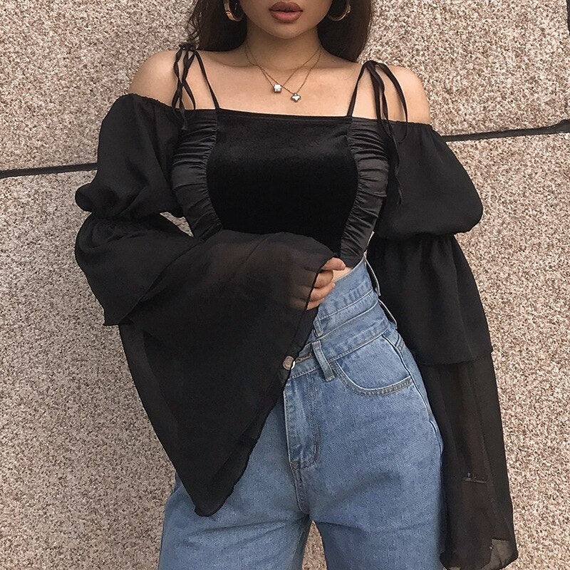 Shoulder Sexy Crop Top Long Sleeve