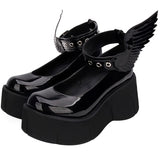 Thick Platform Black Leather Angle Wing Shoes