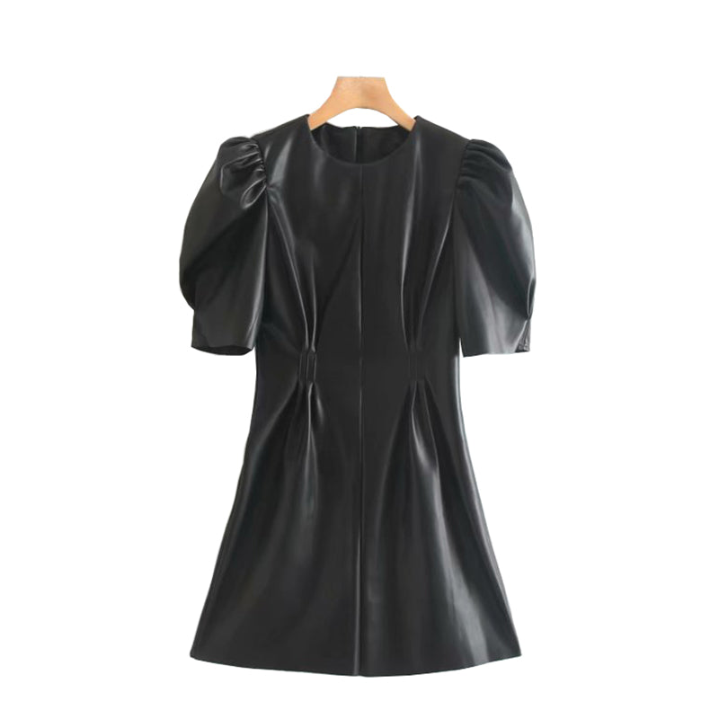 Faux Leather Pleated Mini Dress Puff Sleeve