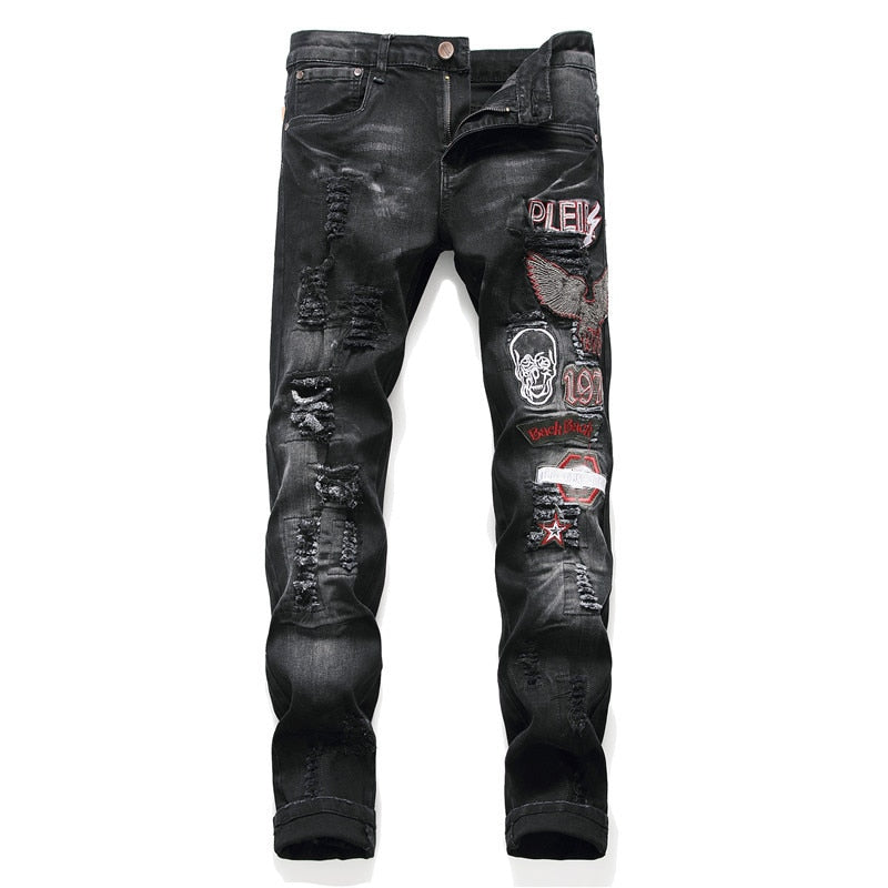 Jeans Skull Embroidery Ripped Punk