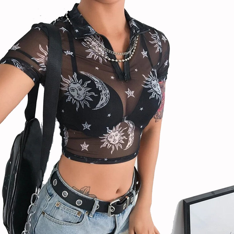 Crop Top Black T-shirts Gothic Mesh