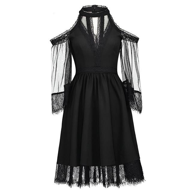 Romantic Gothic Cold Shoulder Lace Mesh Dress