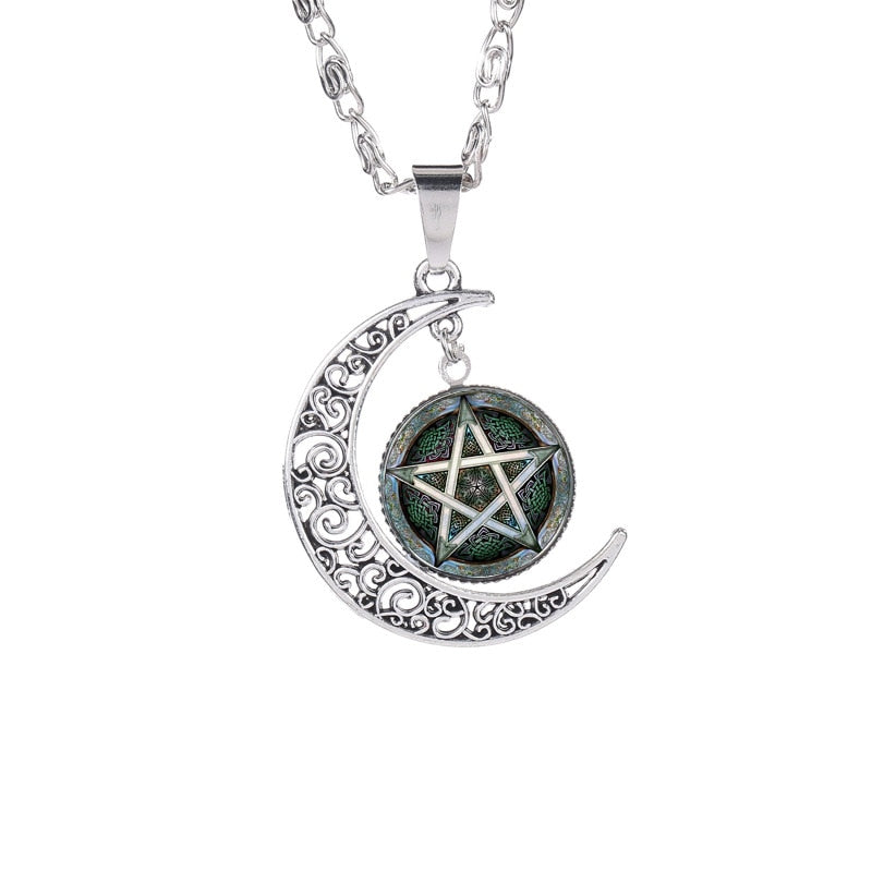 The Moon Pentagram Glass Pendant Necklace