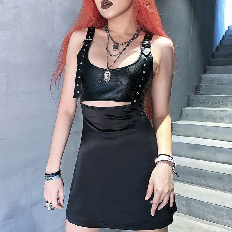 Punk Black Leather Mini Bodycon Dress