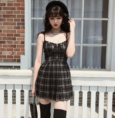 Gothic Sexy Sling Dress Pleated Plaid