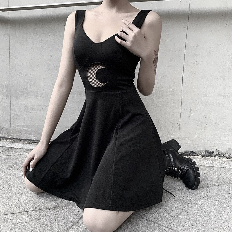 Vintage Gothic Dress Pleated Moon Black