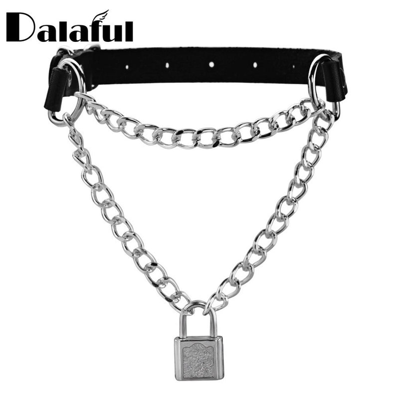 Gothic Choker Pu Leather Lock Chain