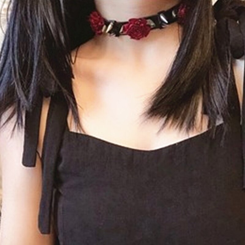 Leather Black Nacklace Rose Women Chockers