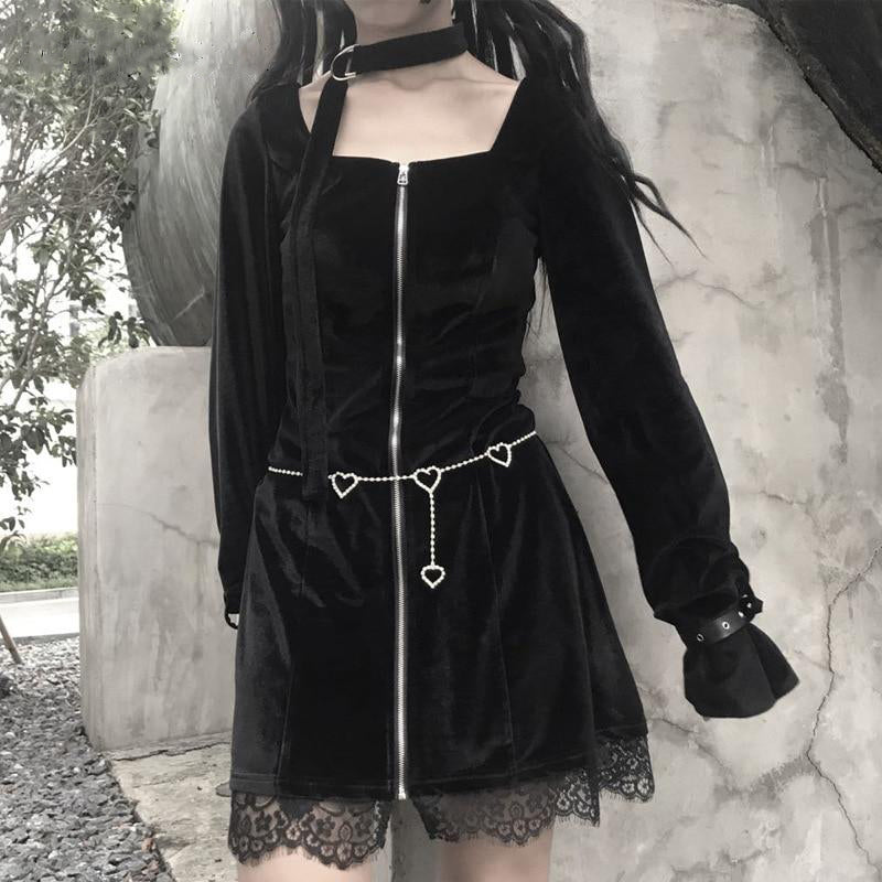 Velvet Winter Dress Zip-Up Lace