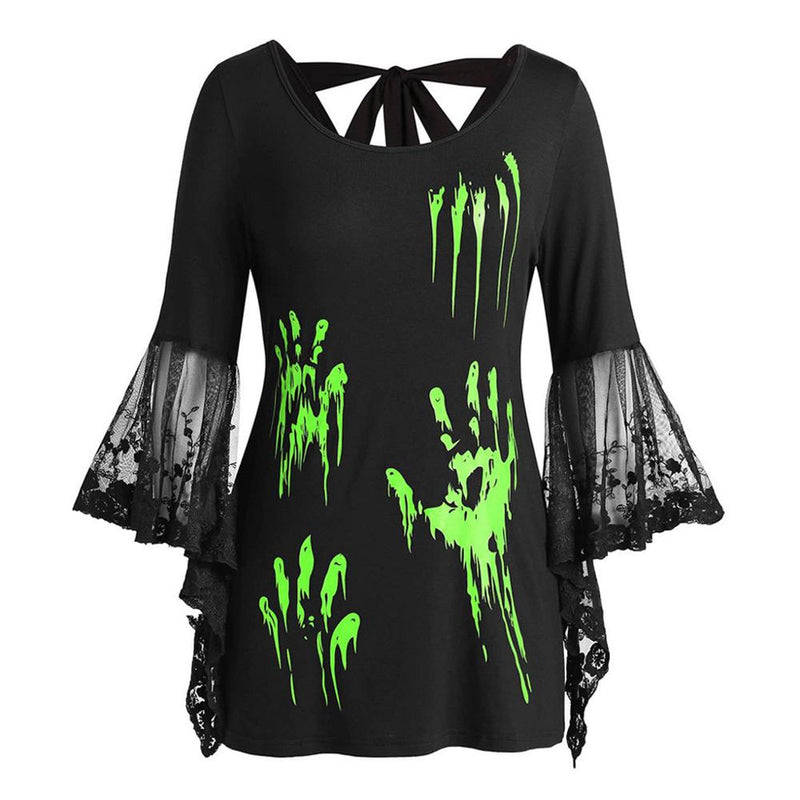 Halloween Flare Sleeve Blood Hands Print Top Plus Size