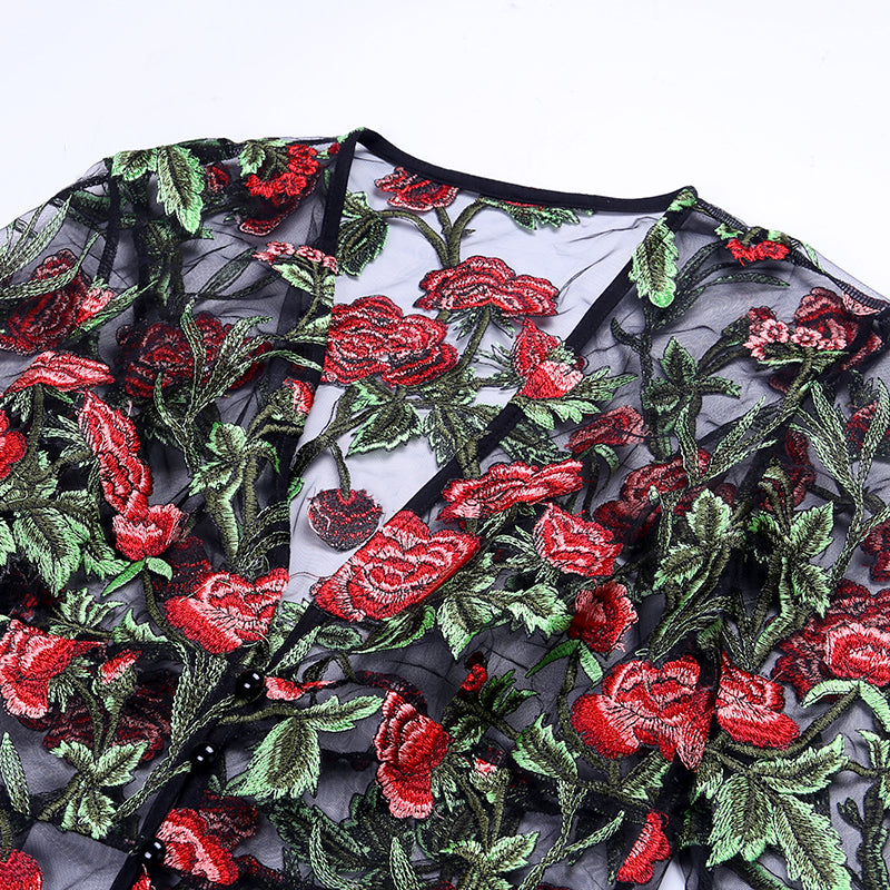 Sexy Rose Embroidery Maxi Mesh Dress