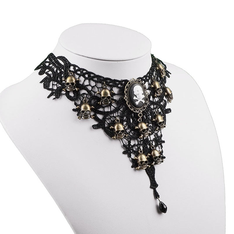 Gothic Choker Lace Skull Gold