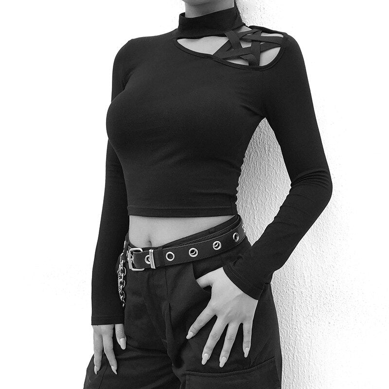 T-shirt pentagram hollow out long sleeve