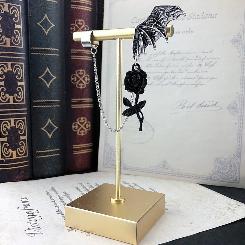Gothic Bat Black Rose Chain Earrings