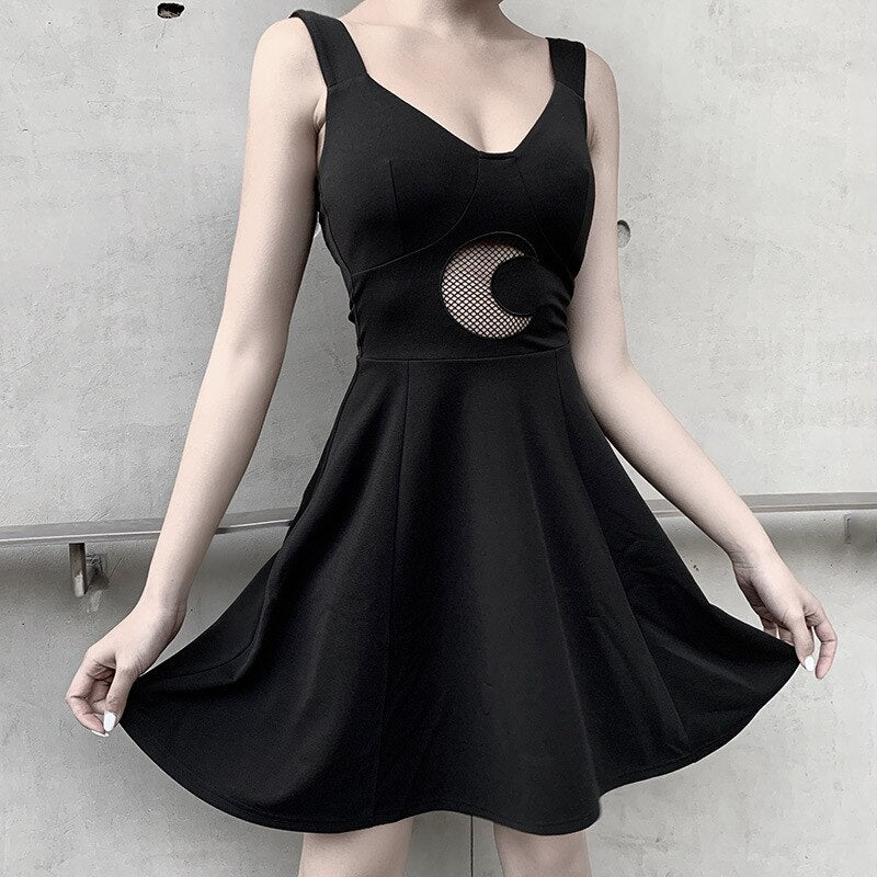 Vintage Gothic Dress Pleated Moon Black