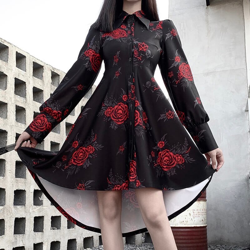 Vintage Black T-shirt Mini Dress Rose Print