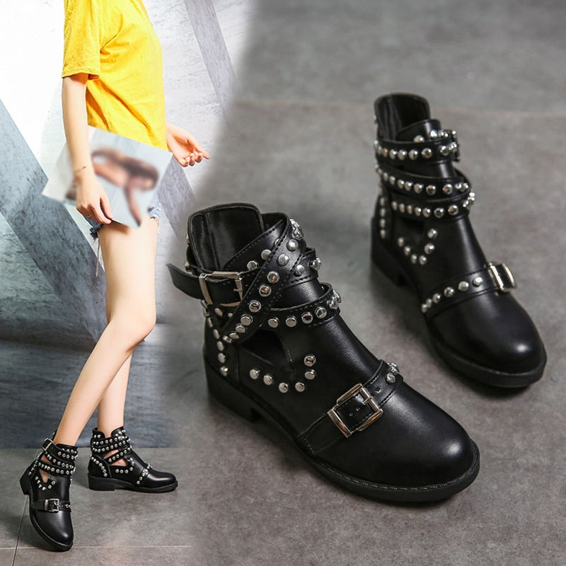 Rivet Motorcycle Leather Ankle Boots