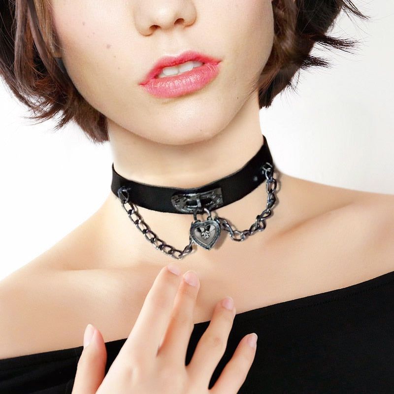 Punk Choker Heart Dangle Pendant PU Leather