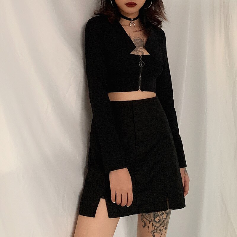 Casual Crop Tops Zipper Long Sleeve