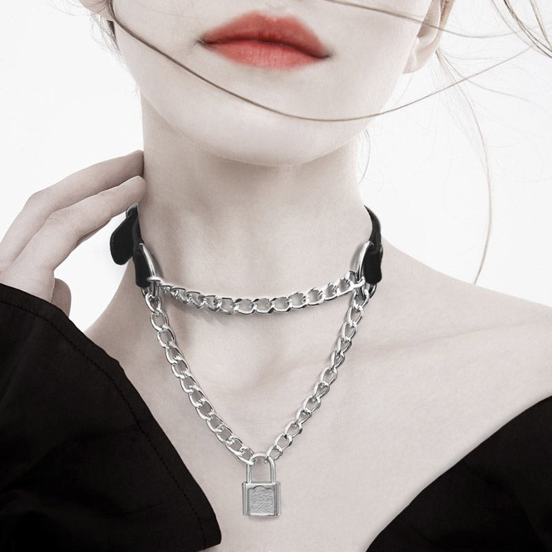 Gothic Choker Pu Leather Lock Chain
