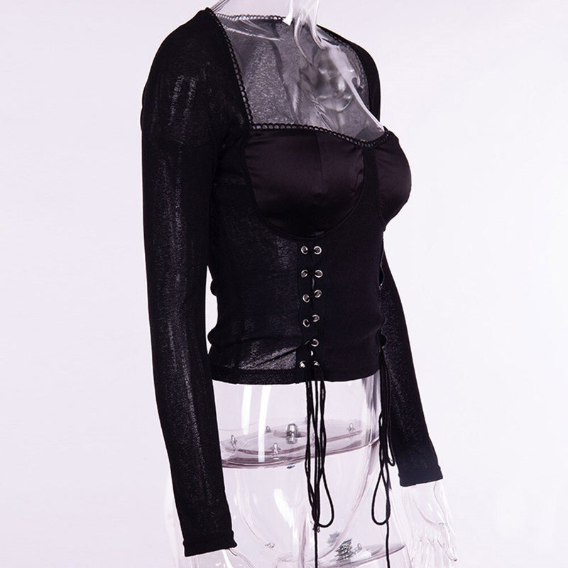 Neck Plain Mesh Female Punk Tops