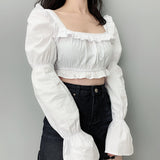 Square Neck Crop Top with Flare Sleeve