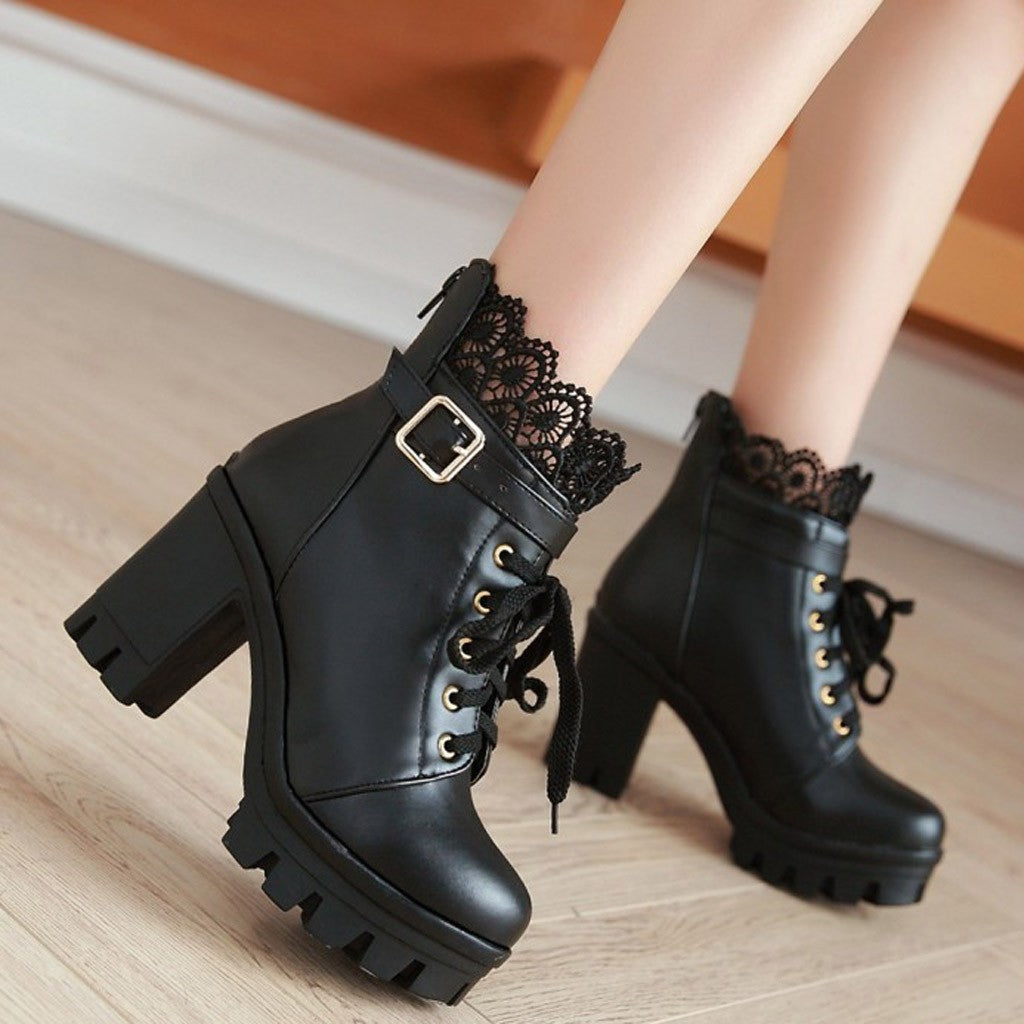 Leather Lace Ankle Shoes High Heel