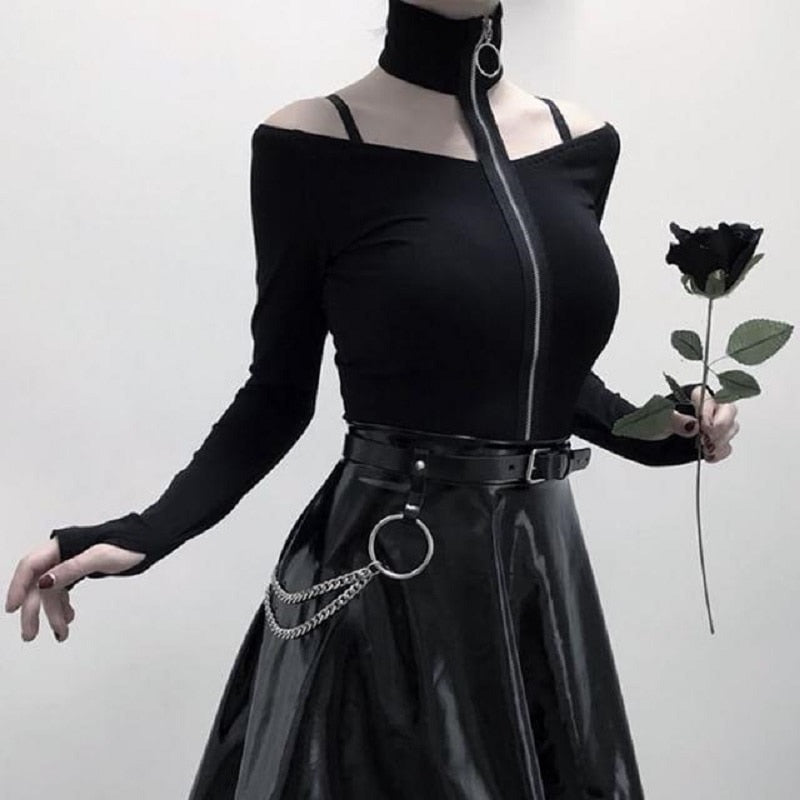 Off-Shoulder Zipper Long-Sleeved Goth T-shirt