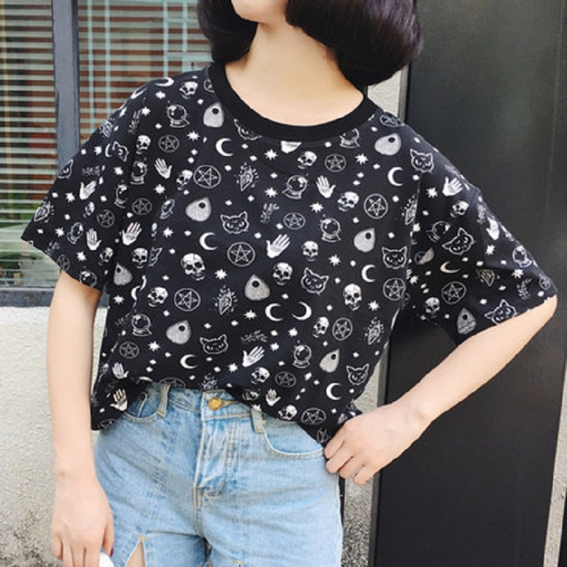 Goth Shirt Moon Witchcraft Cat