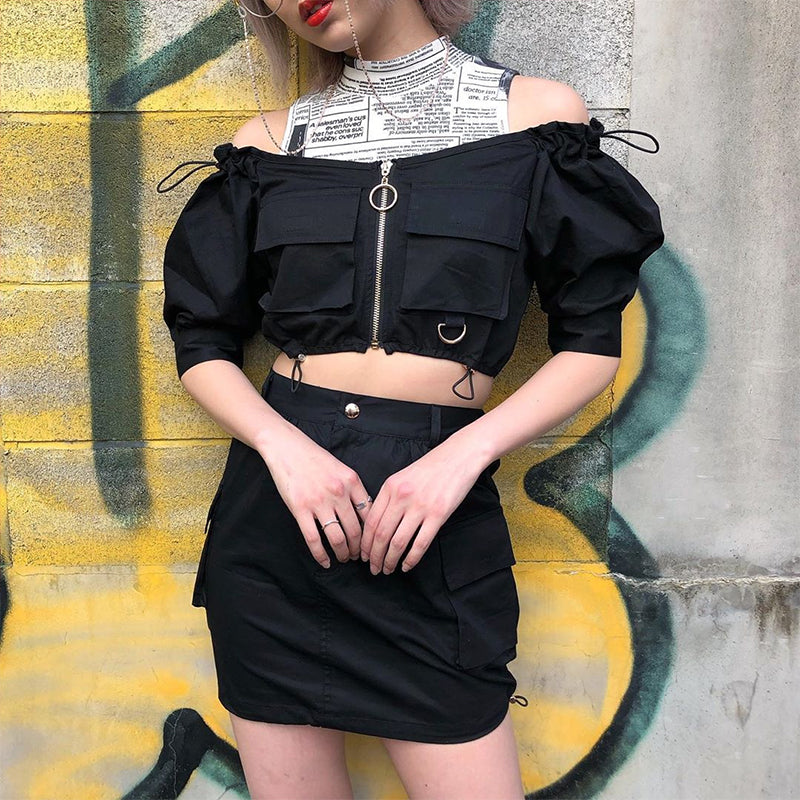 Sexy Crop Tops Zipper Half Sleeve