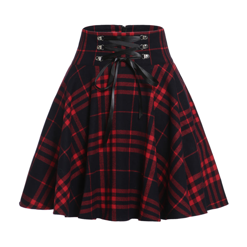 Vintage Plaid Skirt Women High Waist