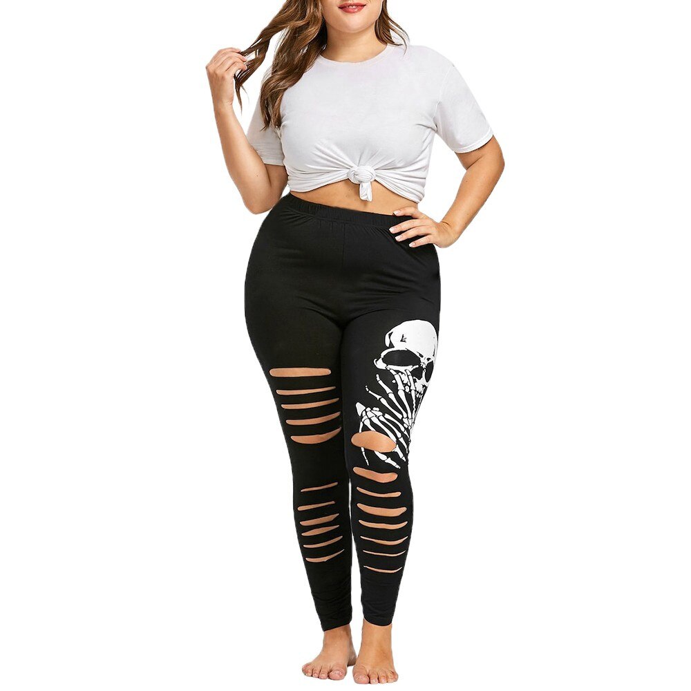 Women Leggings Hollow Out Skull Print Pants