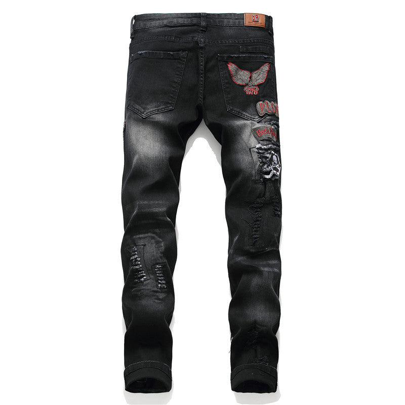 Jeans Skull Embroidery Ripped Punk