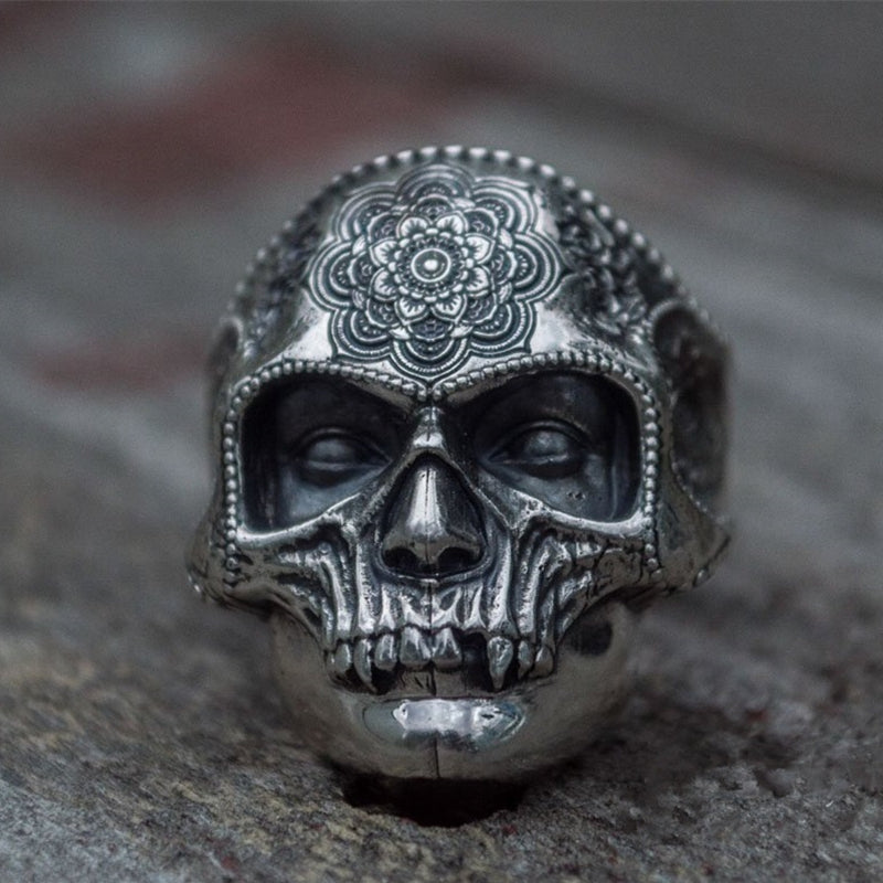 Skull Ring Mens Mandala Flower Santa