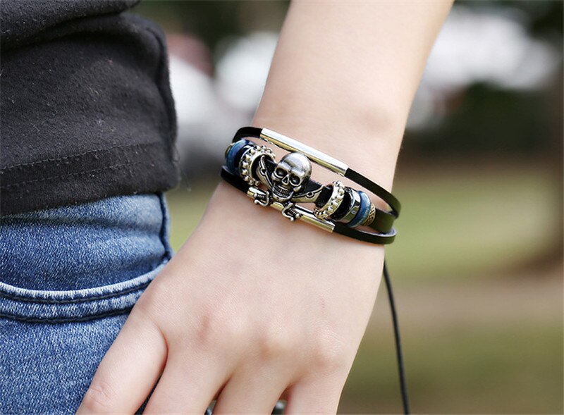 Skull Men Bracelet Charms Leather Gothic