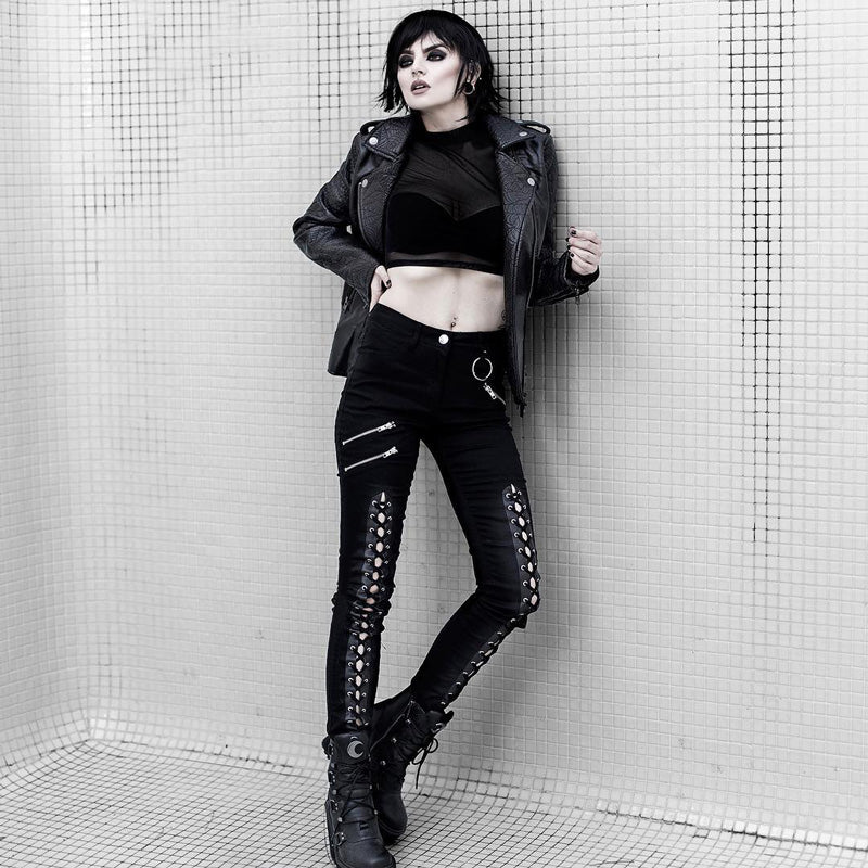 Zippers Pocket Elastic Tie Up Pant Skinny Long Trousers Vintage