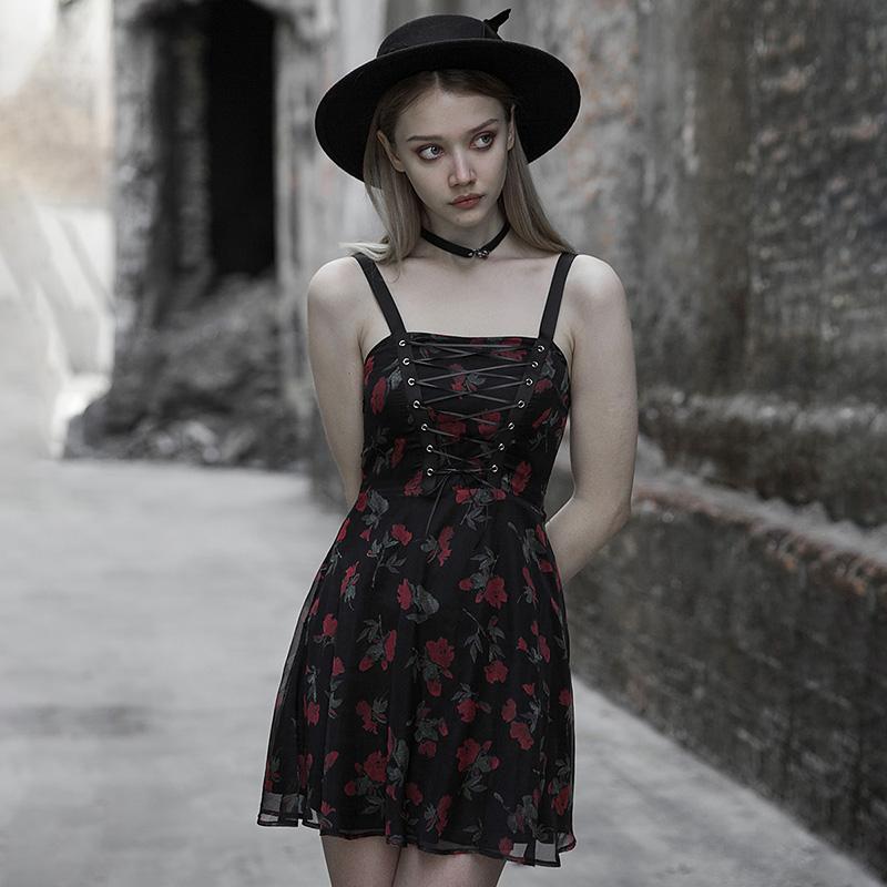 Retro Goth Strappy Floral Mini Dress