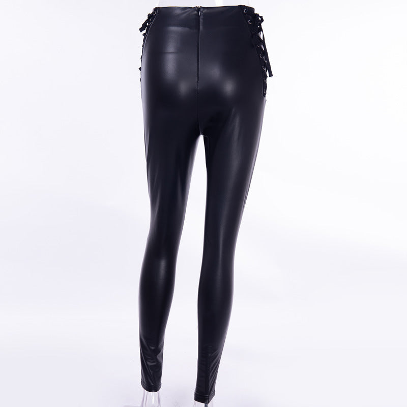 Sexy Black Matte Leather High Waist Leggings