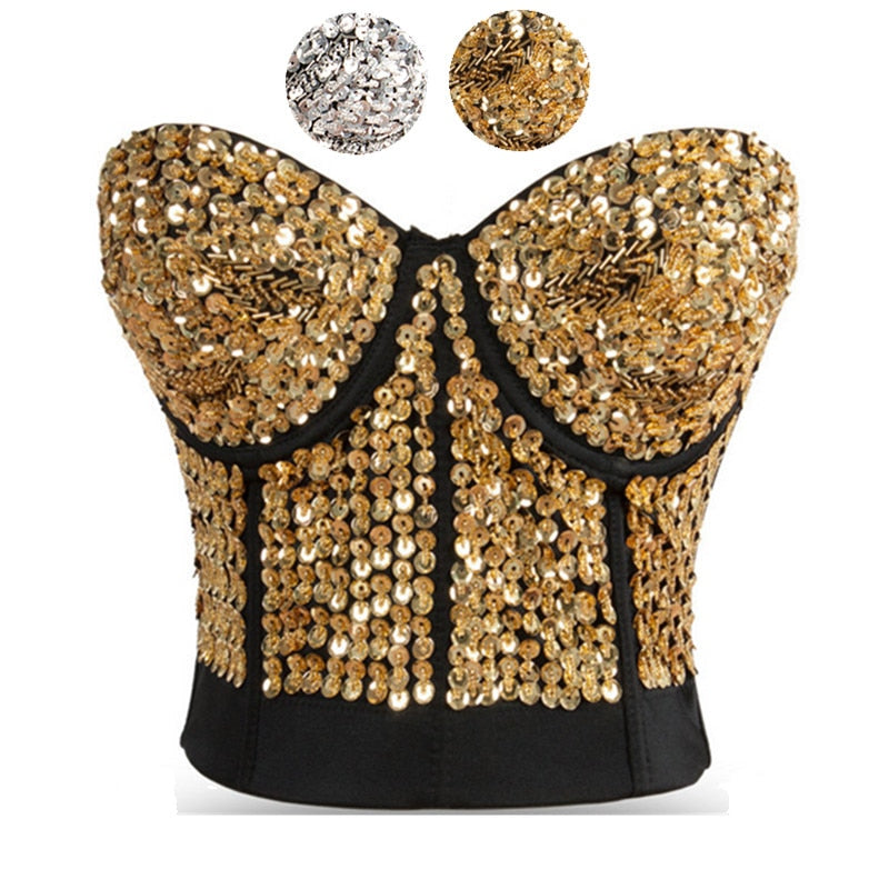 Gold Sequin & Beading Studded Bra