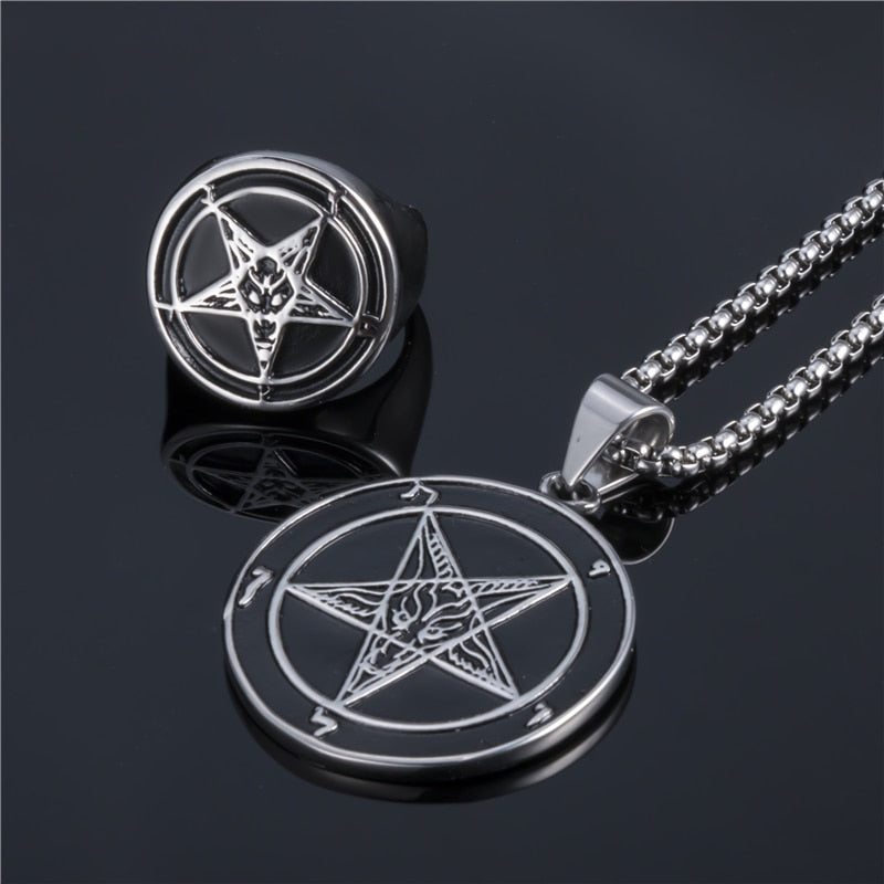 Satan Baphomet Pentagram Symbol Set Ring and Necklace