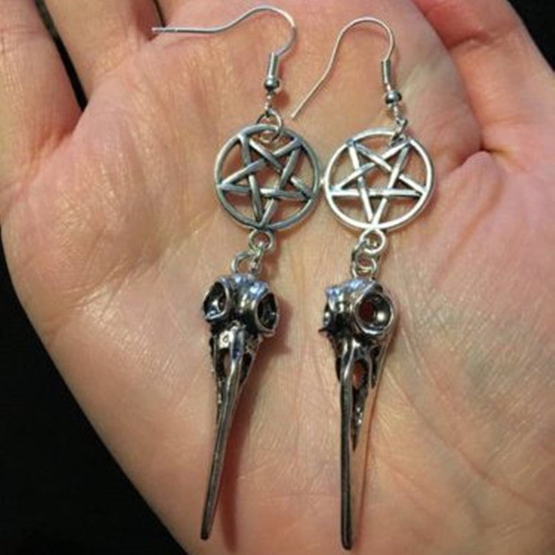 Pentacle And Raven Skull Earrings