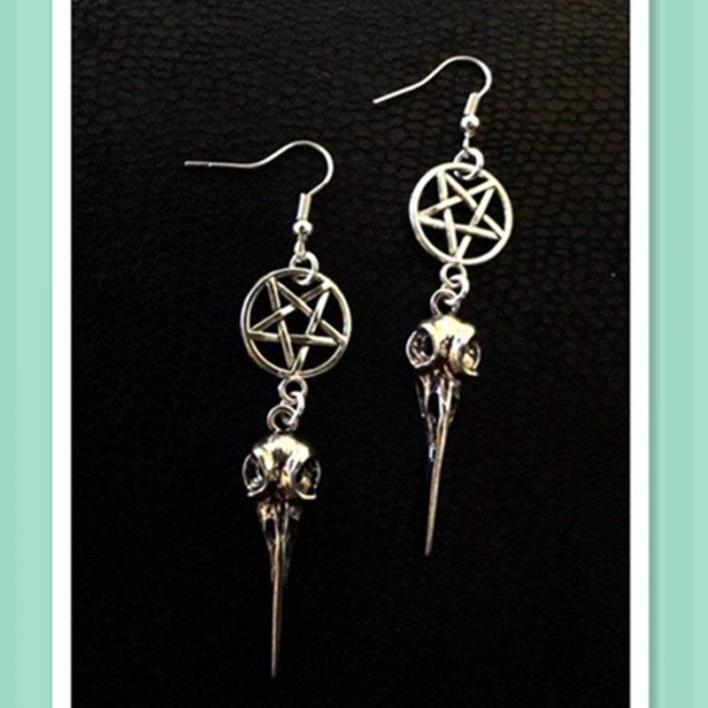 Pentacle And Raven Skull Earrings